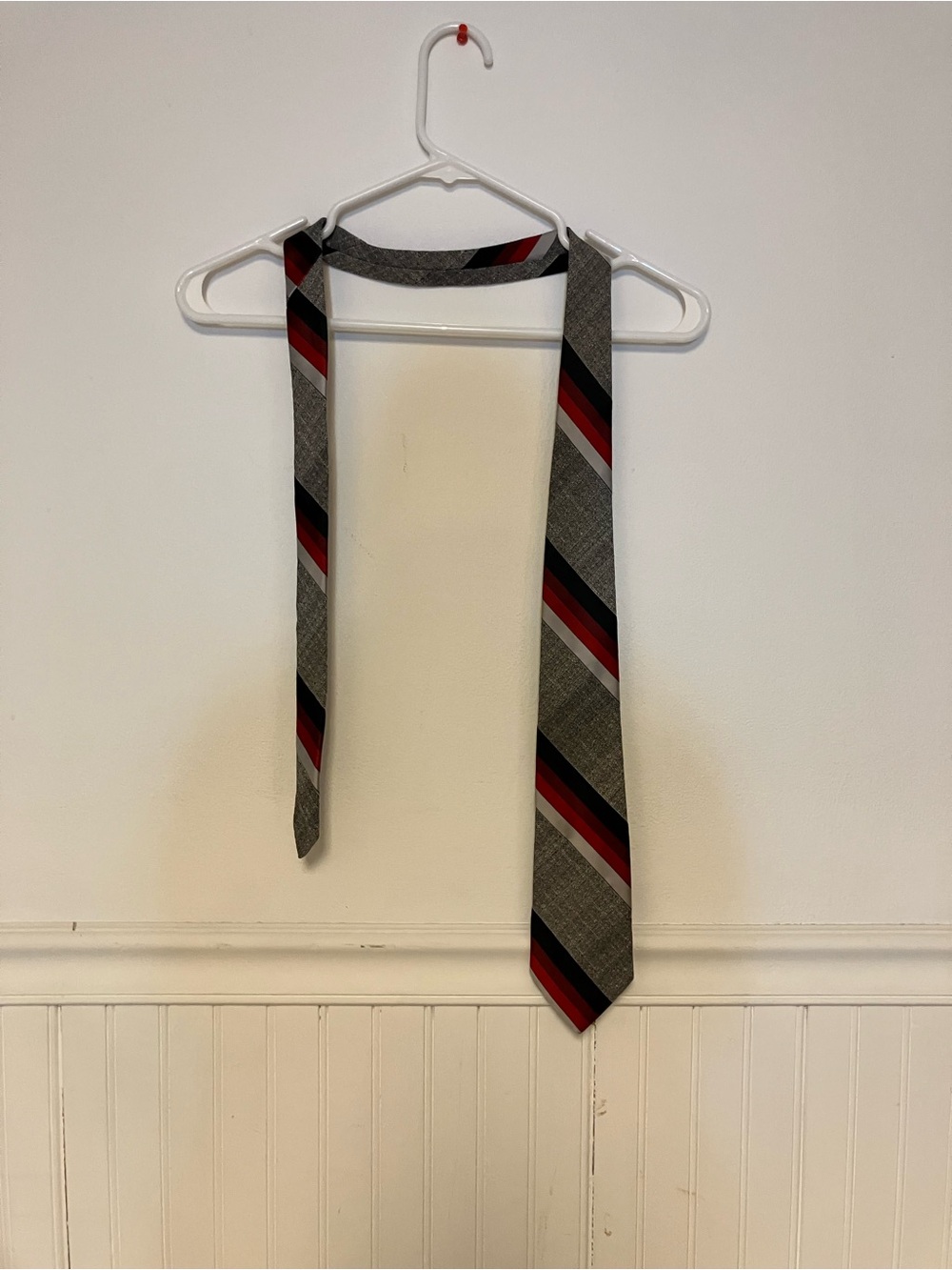 Mens Gray Striped Tie with Red Accent